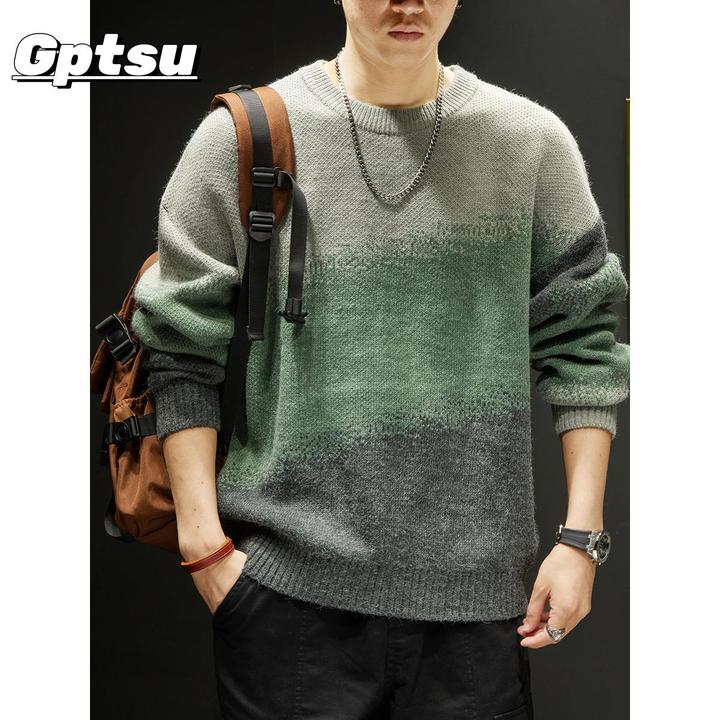 GPTSu美式潮牌渐变撞色毛衣男士秋冬新款宽松复古拼色套头针织衫