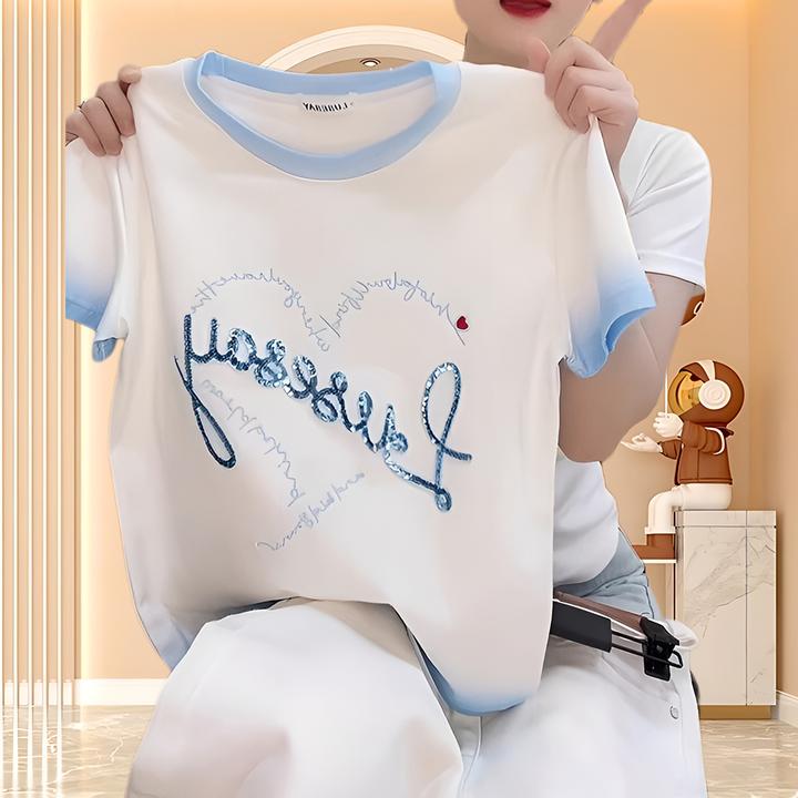 纯棉独特漂亮小衫爱心字母亮片短袖女t恤夏新款正肩百搭休闲t恤女