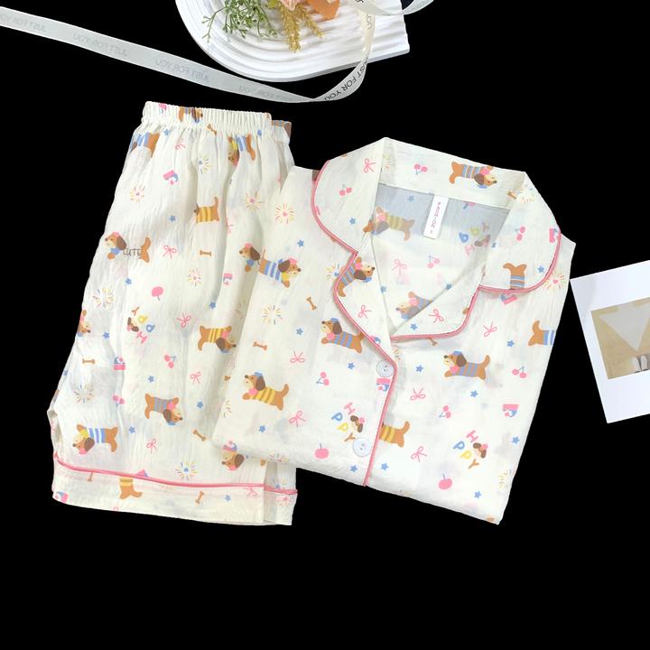 夏季卡通腊肠狗睡衣儿童云朵棉短袖小女孩女童夏天空调家居服套装