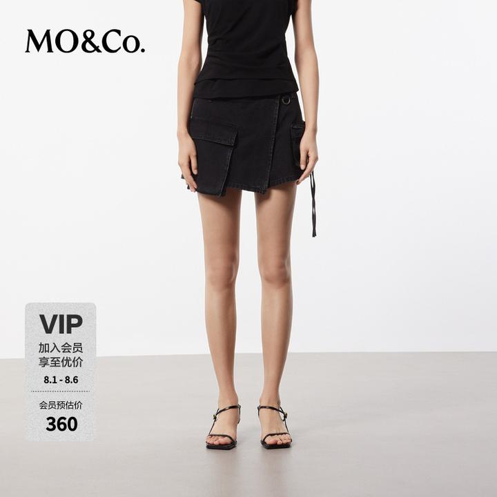 MOCO夏摇滚黑牛不对称工装牛仔裙裤短裤MBD2SOT027