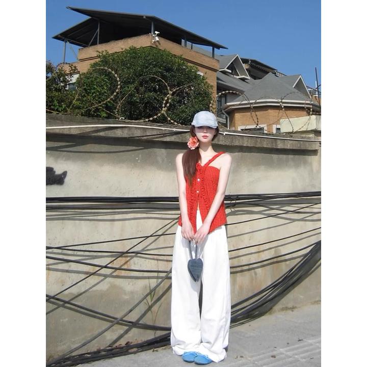 红色露背抹胸挂脖吊带背心女夏季性感辣妹无袖开叉上衣+裤子女