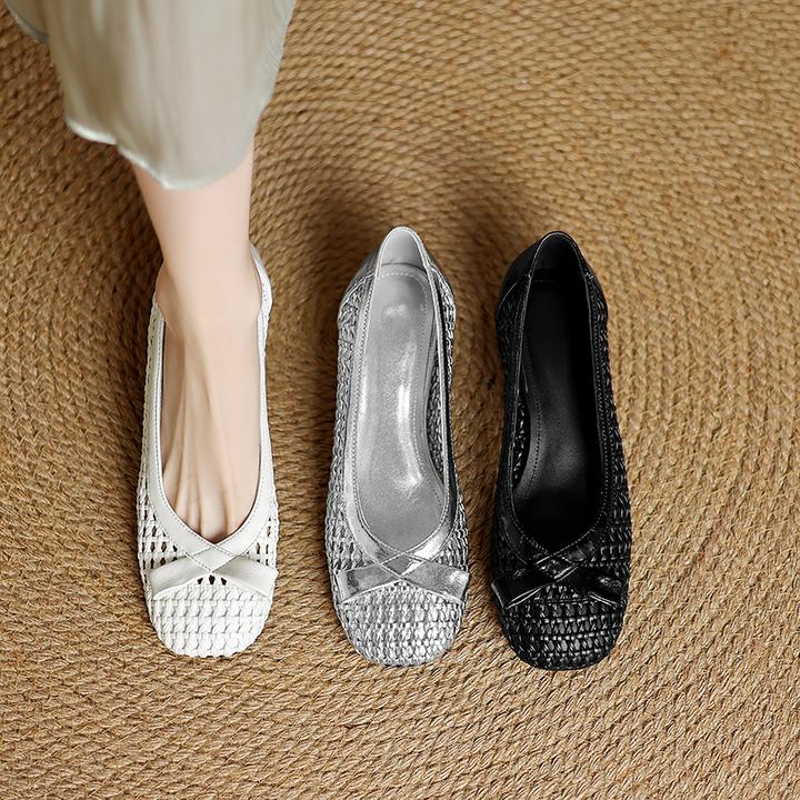 3.5CM，牛皮春季仙女风单鞋时尚百搭编织女鞋夏流光风春季尖头编织