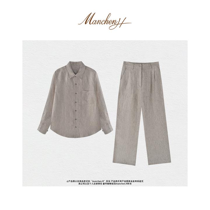 曼辰manchenh"罗马日记"重磅人字纹亚麻老钱风套装