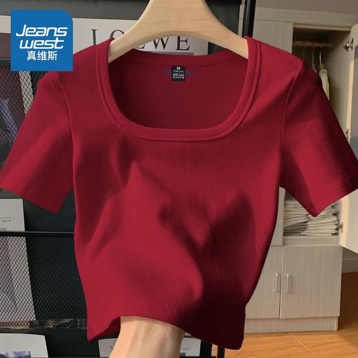 真维斯酒红色正肩方领短款短袖T恤女新款内搭打底夏季秋冬上衣