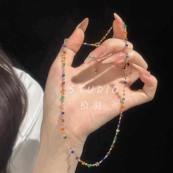 铜玻璃项链 彩色水晶串珠项链2025新款小众设计感锁骨链