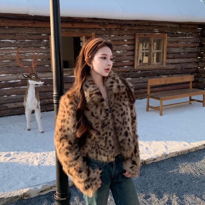 美式豹纹环保仿皮草毛毛外套女秋季2025新款高级保暖宽松拉链上衣
