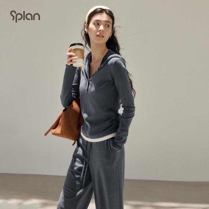【秋冬新品】SPLAN 条纹连帽亨利领长袖阔腿裤运动套装25335 25680