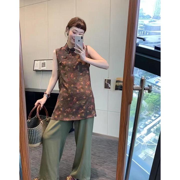 INS CEC2025夏季新款新中式咖色印花斜襟盘扣无袖上衣阔腿裤套装