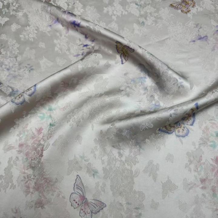 国风优雅蝴蝶印花提花缎面料中式套装旗袍定制裁剪不退换M0026