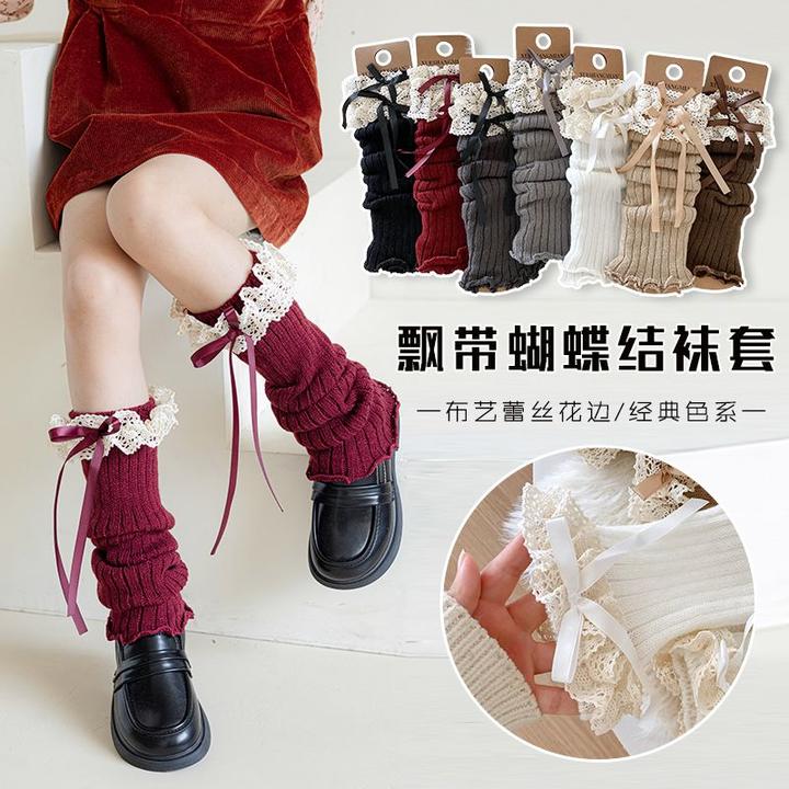 女童袜套秋冬飘带蝴蝶结洛丽塔布艺花边堆堆春秋保暖女孩针织小腿
