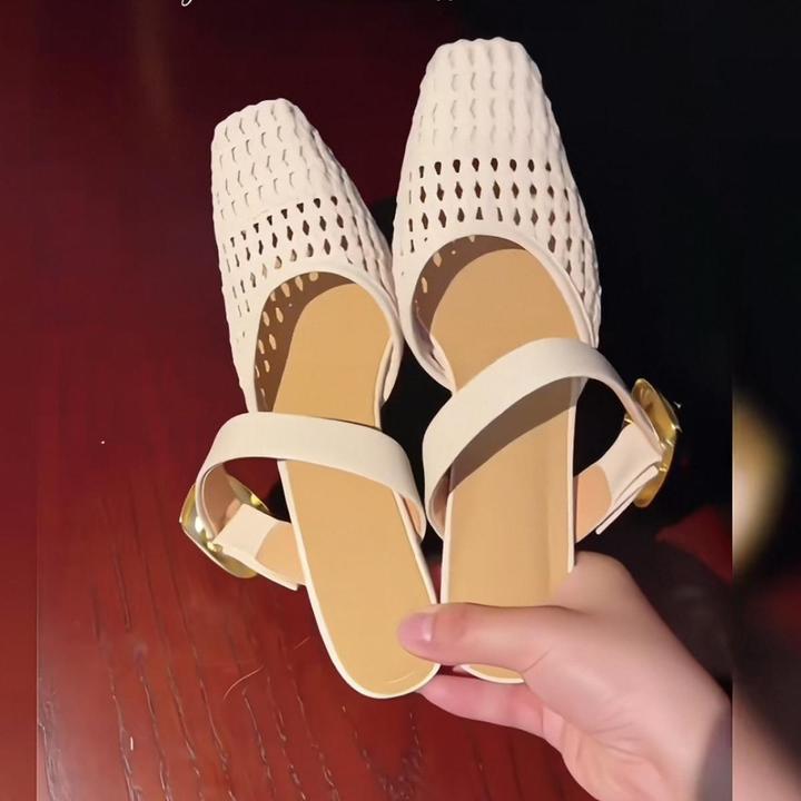 FAVMARTHA~拖鞋女夏外穿025新款编织凉鞋软皮方头高跟鞋女粗跟洞