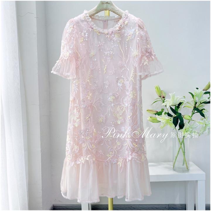 Pink Mary粉红玛琍粉色网纱绣花短袖连衣裙子休闲女装PMALS515510