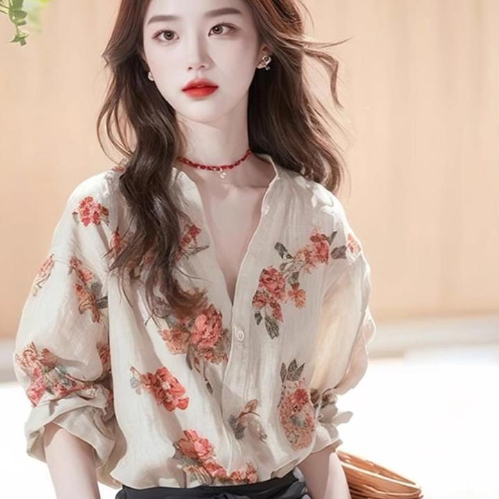 法式小众高级轻奢女装衬衫2025春秋新款优雅精致花朵印花复古上衣