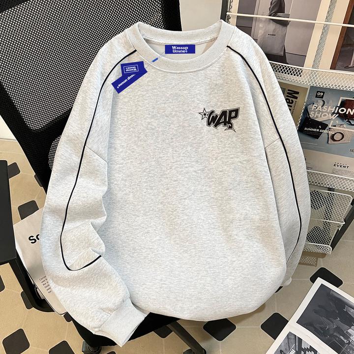 WASSUP UOSNE潮牌圆领无帽卫衣男秋冬加厚百搭硬挺长袖2025年爆款