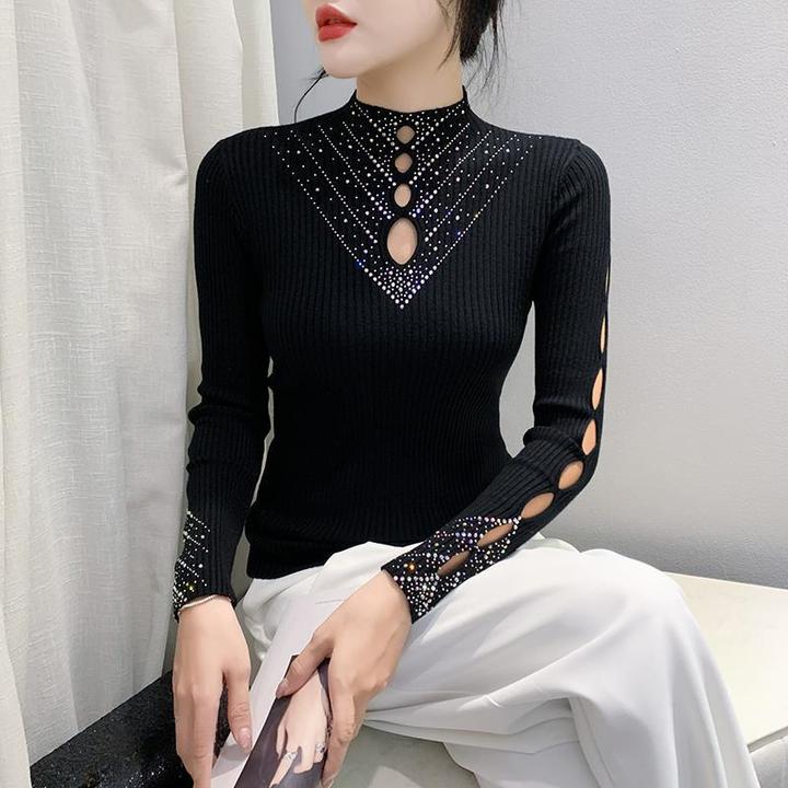 2025秋冬新款气质修身时尚小衫女重工烫钻镂空针织衫长袖内搭洋气