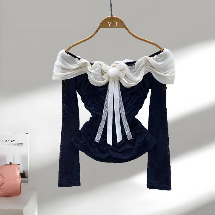 纯欲风立体花朵撞色一字肩拼接长袖蕾丝上衣女秋季褶皱修身打底衫