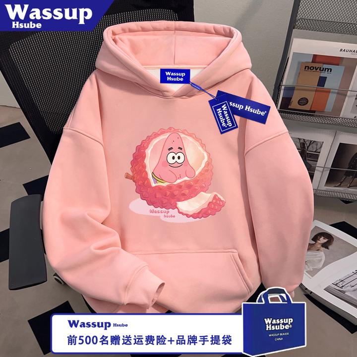 WASSUP HSUBE可爱荔枝派大星印花粉色连帽套头卫衣秋冬季男女上衣