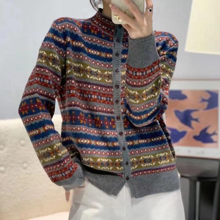 品牌撤柜欧洲站2025秋冬新款时尚复古提花半高领羊毛针织开衫毛衣