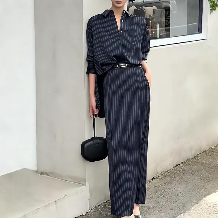 淡人高知穿搭小香风通勤休闲藏蓝色条纹衬衫半身裙套装女2025秋季