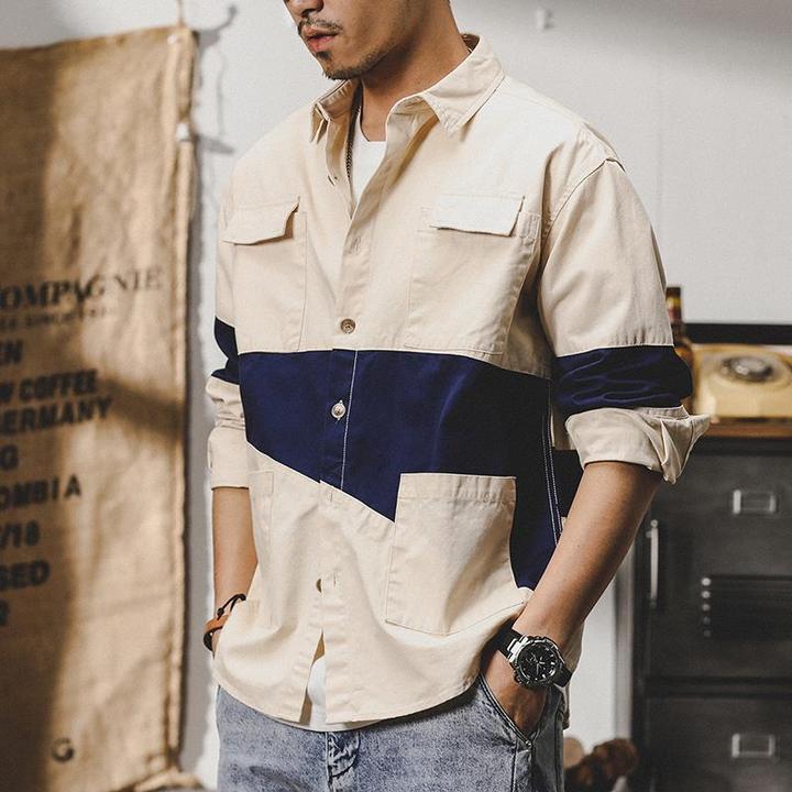 美式重磅工装衬衫男宽松潮牌休闲ins潮流拼色男士衬衣春秋外套男