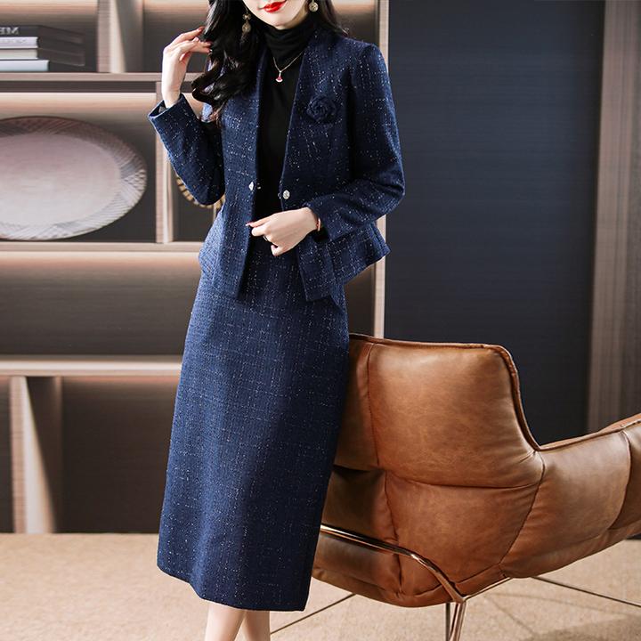 高级感西装连衣裙套装女2024秋冬新款妈妈修身显瘦两件套裙装3672