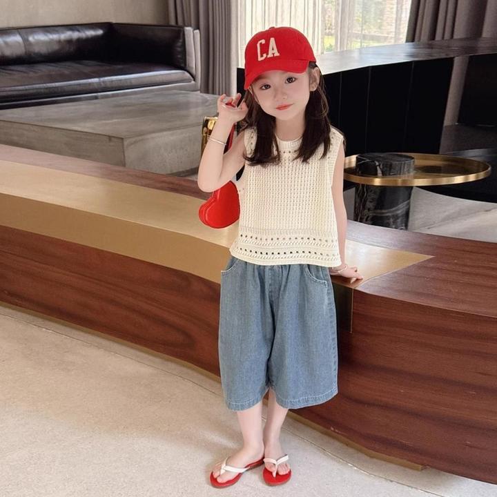 女童夏季套装2025夏装儿童韩版新款镂空马甲背心洋气阔腿裤两件套