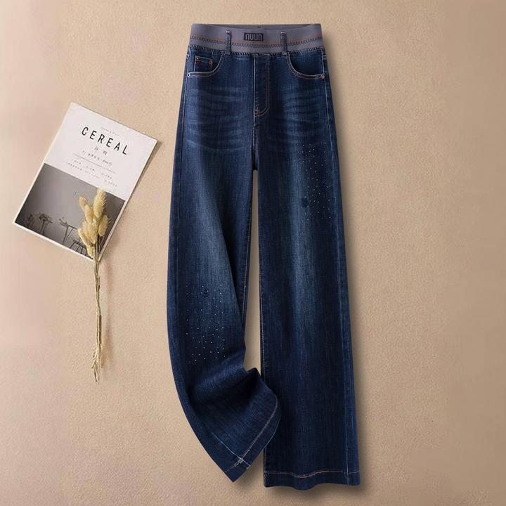 深蓝色烫钻洗水牛仔窄版阔腿裤女秋季2025新款高腰大码拖地直筒裤