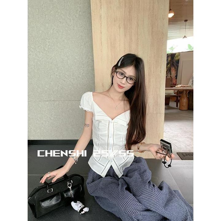 原创韩系翻领蕾丝泡泡袖收腰显瘦高级感衬衫上衣女网红款