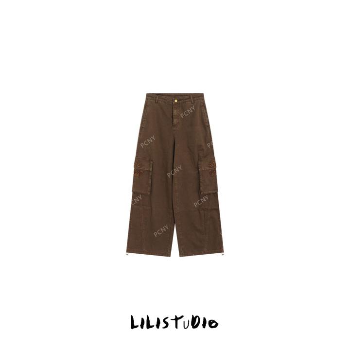 PCNY「绣里河山」不理理冬季新款小众女装复古风刺绣口袋工装裤