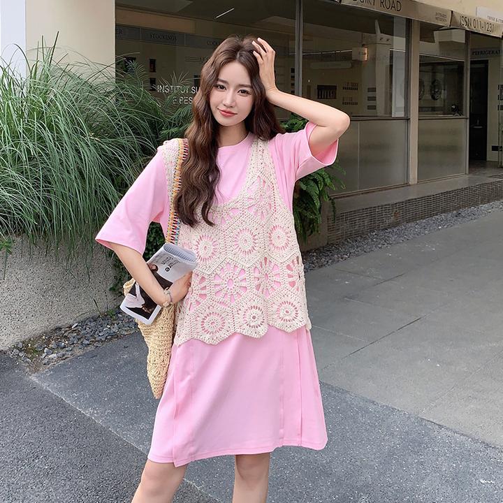 新款镂空罩衫粉色T恤连衣裙套装女