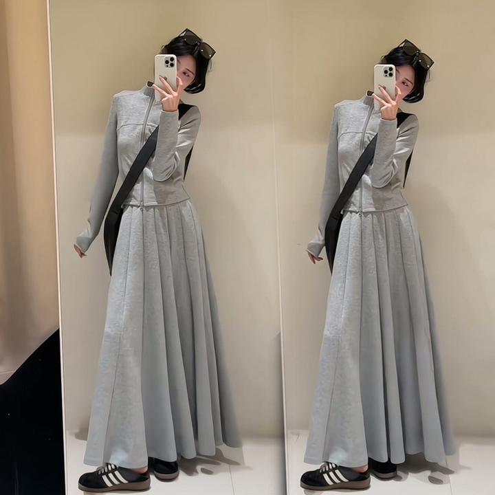 韩系休闲灰色套装裙女春秋季立领短款拉链外套高腰百褶长裙两件套