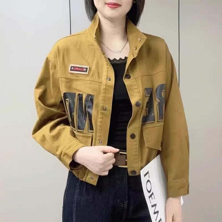 2025春季韩版立领字母牛仔短外套时尚休闲百搭洋气减龄妈妈装上衣