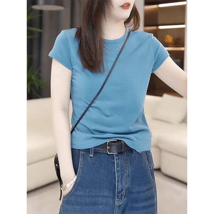 欧货海蓝色圆领短袖t女2025新款夏季穿搭时尚洋气百搭正肩上衣