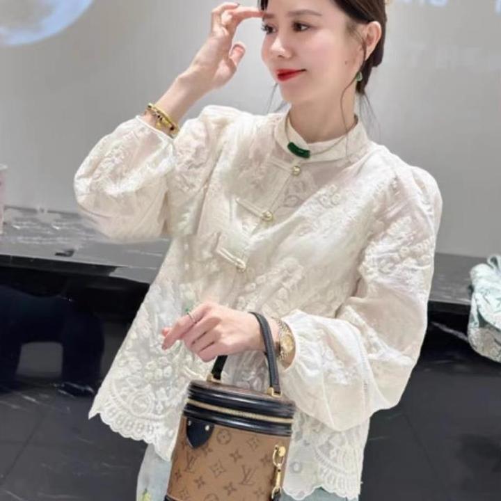 复古盘扣新中式绣花衬衫女春秋国风新款衬衣高级独特超好看上衣潮