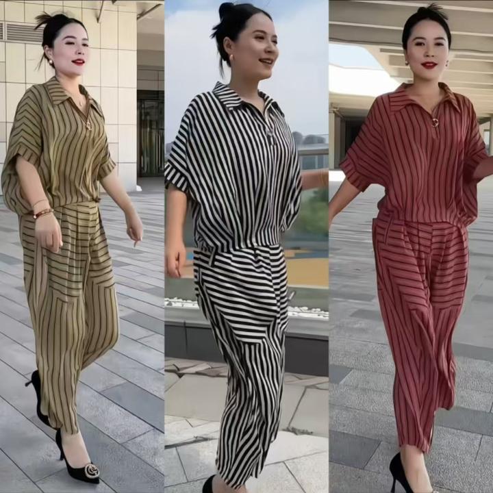 夏季新款翻领印花拼接短袖套装宽松显瘦时尚百搭遮肚宽松装两件套