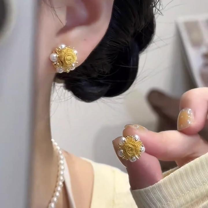 【高品质】2025新款黄玫瑰珠珠耳钉轻奢小巧气质高级感创意礼品