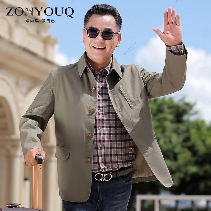 纯棉夹克男春秋商务休闲修身时尚潮流百搭翻领中老年行政外套上衣