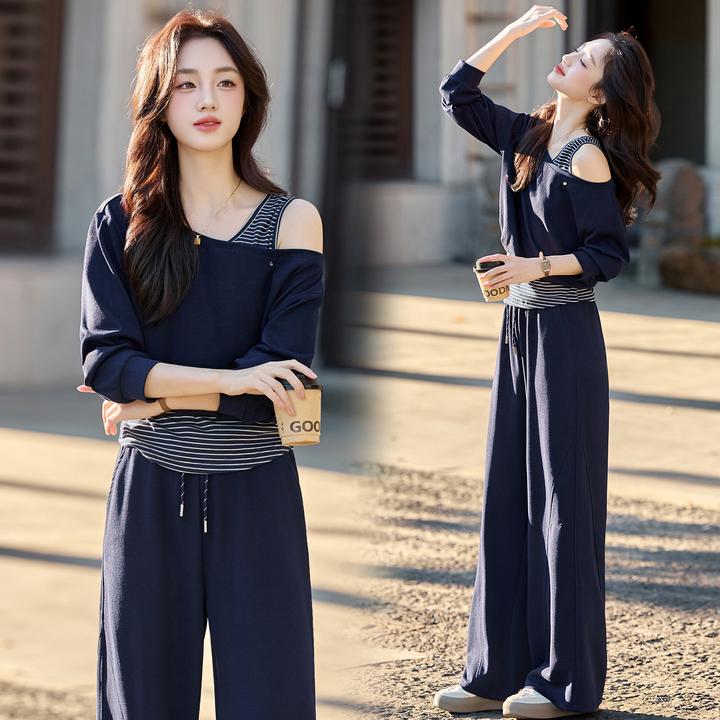 休闲时尚条纹拼接露肩套装女2025春秋新款松弛感气质阔腿裤两件套