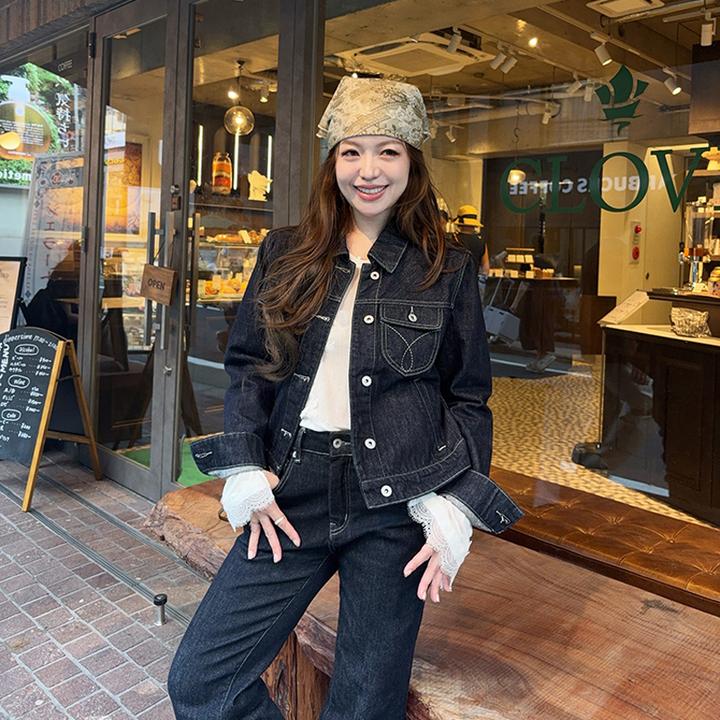 复古美式原牛深蓝牛仔套装撞色牛仔外套修身显瘦直筒裤时尚两件套