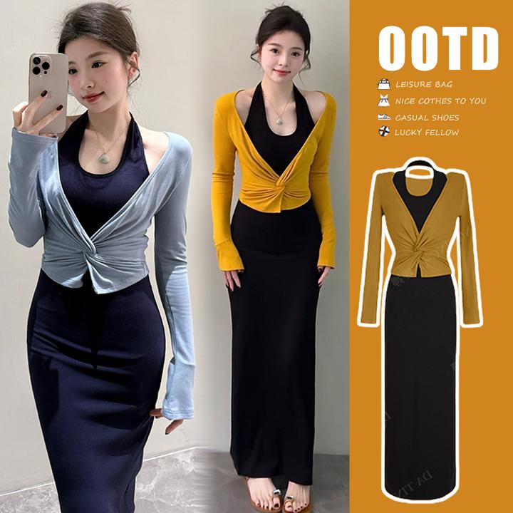 孕妇早春新款扭结设计上衣款挂脖连衣裙撞色拼接长裙DT1108
