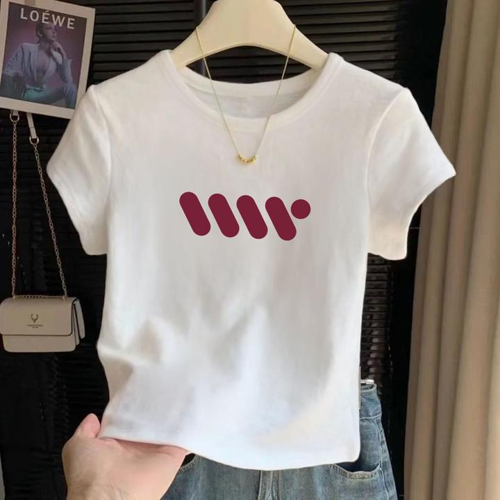 纯棉高腰印花百搭2025夏季短袖新款圆领t恤衫女短款薄款显瘦上衣