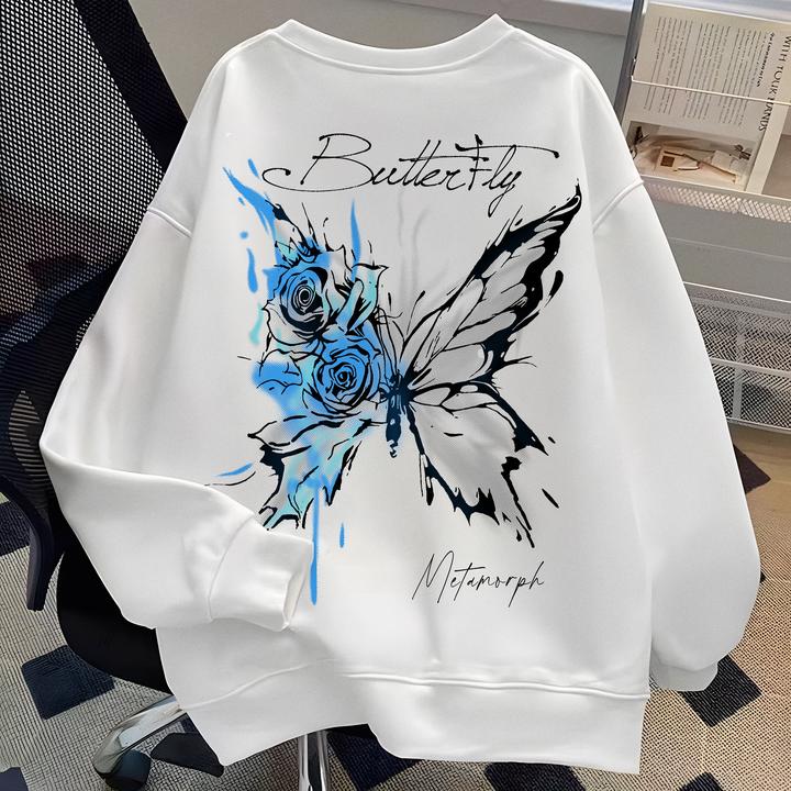 重磅蝴蝶印花圆领卫衣男女同款秋冬新款个性美式潮牌宽松型外套潮