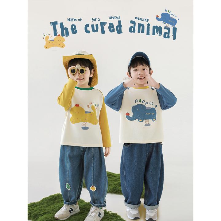 幼悠男童秋装大象小狗印花插肩袖T恤休闲可爱超萌儿童衣服GN6589