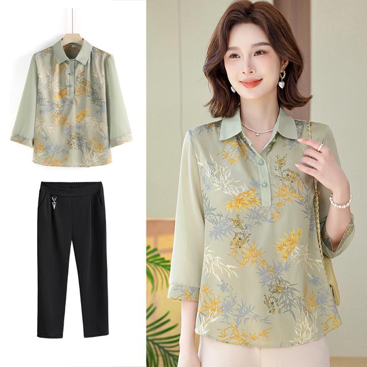 妈妈春秋装中袖上衣洋气2025新款50岁中老年女装夏季短袖t恤套装