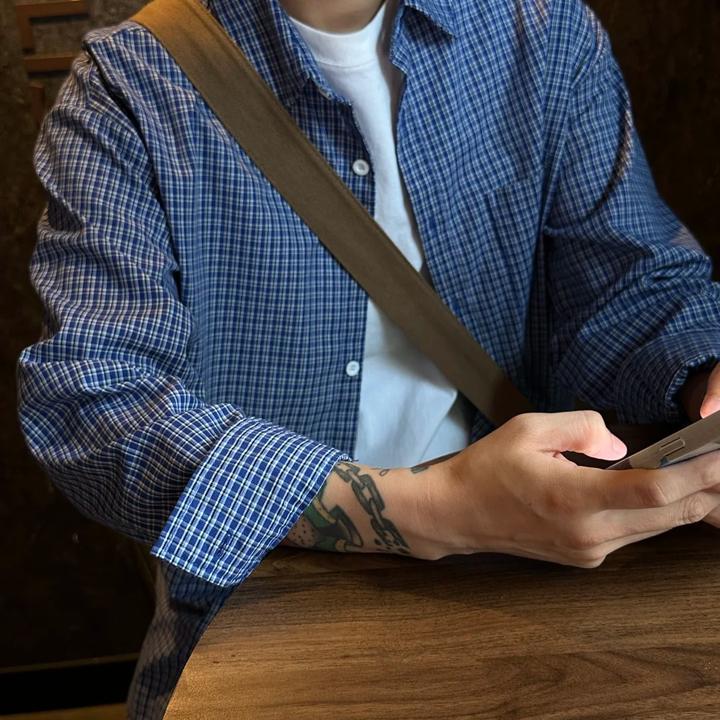 miu系蓝色格子衬衫男女款夏季cleanfit美式长袖衬衣慵懒情侣外套