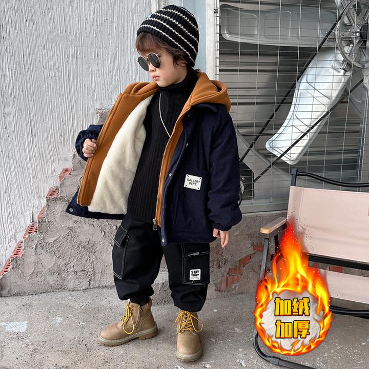 男童加绒棉衣2025新款儿童韩范连帽加厚宽松洋气外套宝宝冬款休闲