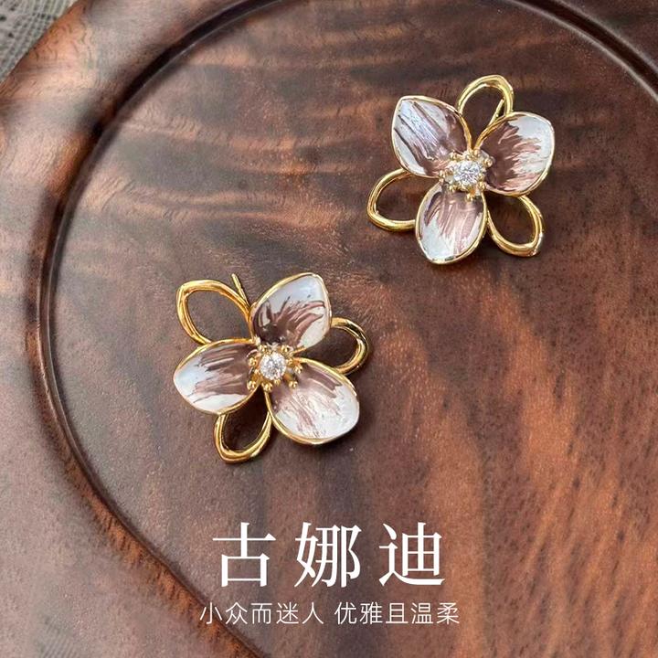 合金树脂耳饰 简约气质双层花朵耳钉925银针甜美系耳环