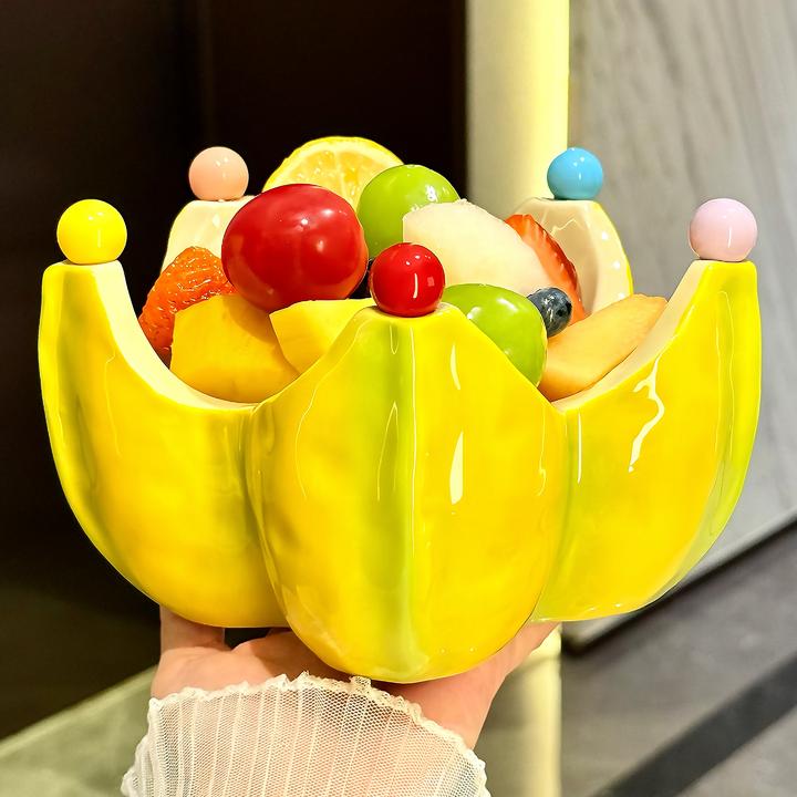 高颜值杨桃果盘家用客厅茶几不锈钢水果叉套装创意陶瓷水果盘摆件