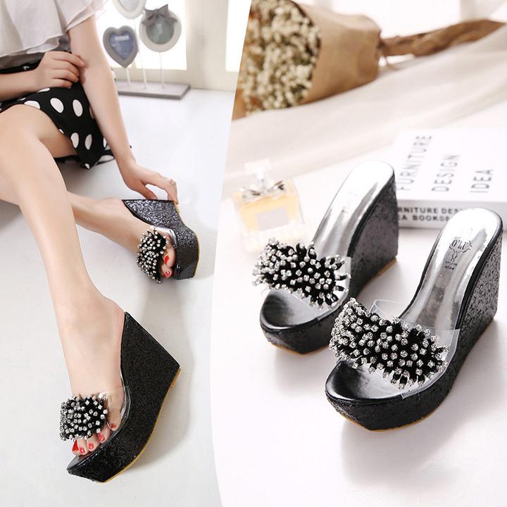 12CM夏季水钻拖鞋坡跟超高跟鞋防水台松糕厚底透明亮片时尚凉鞋女
