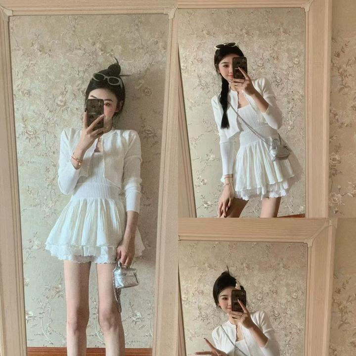 春季新款jennie同款韩系白色针织开衫收腰吊带裙上衣女芭蕾风套装